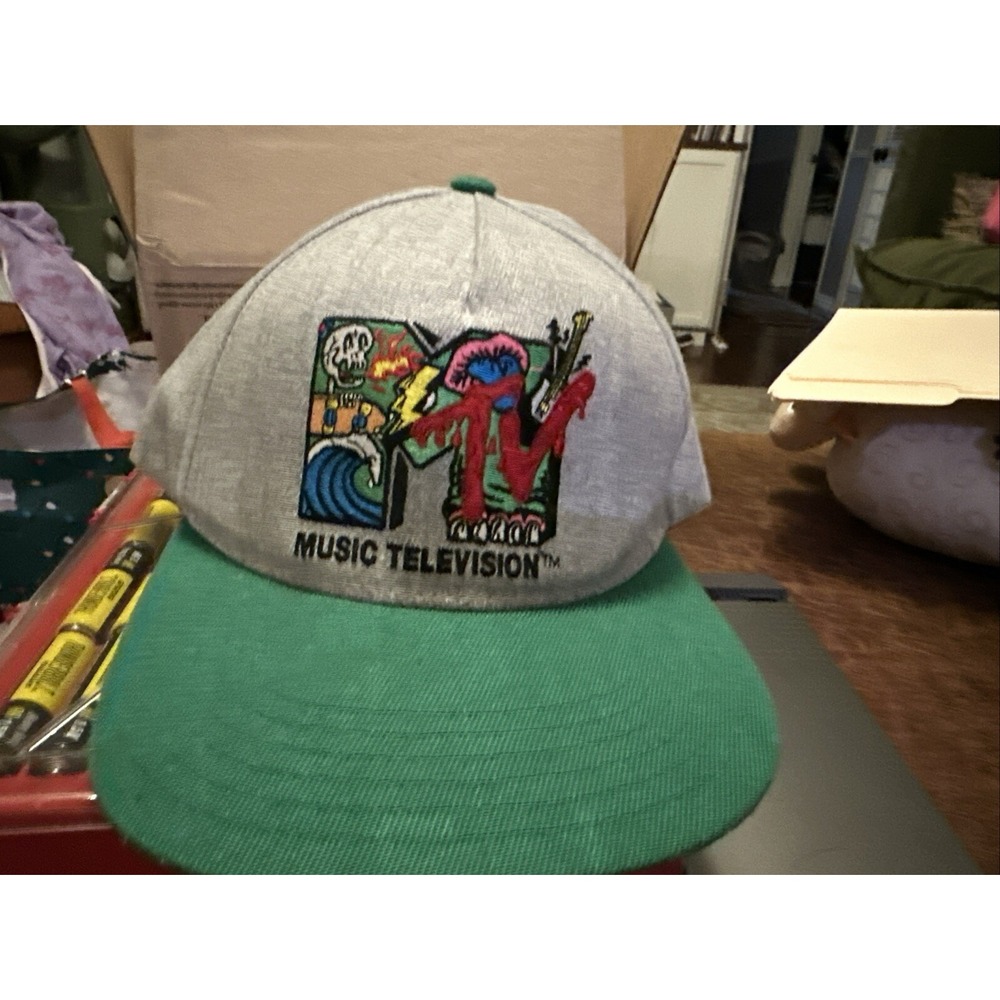 MTV Music Television Snapback Hat Mens Gray Green Cotton Twill Baseball Cap Logo